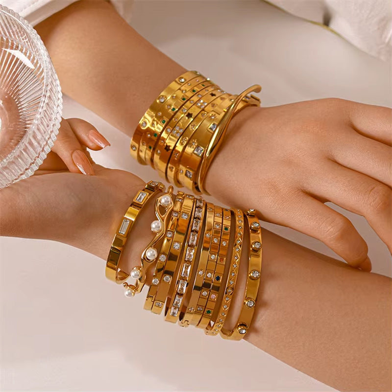 Womenlight Luxury Bracelet Retro Circle Inlaid Zircon Row Diamond 18K Gold-Plated Bracelet Stainless Steel Jewelry for Women
