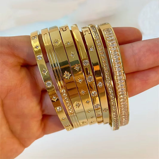Womenlight Luxury Bracelet Retro Circle Inlaid Zircon Row Diamond 18K Gold-Plated Bracelet Stainless Steel Jewelry for Women