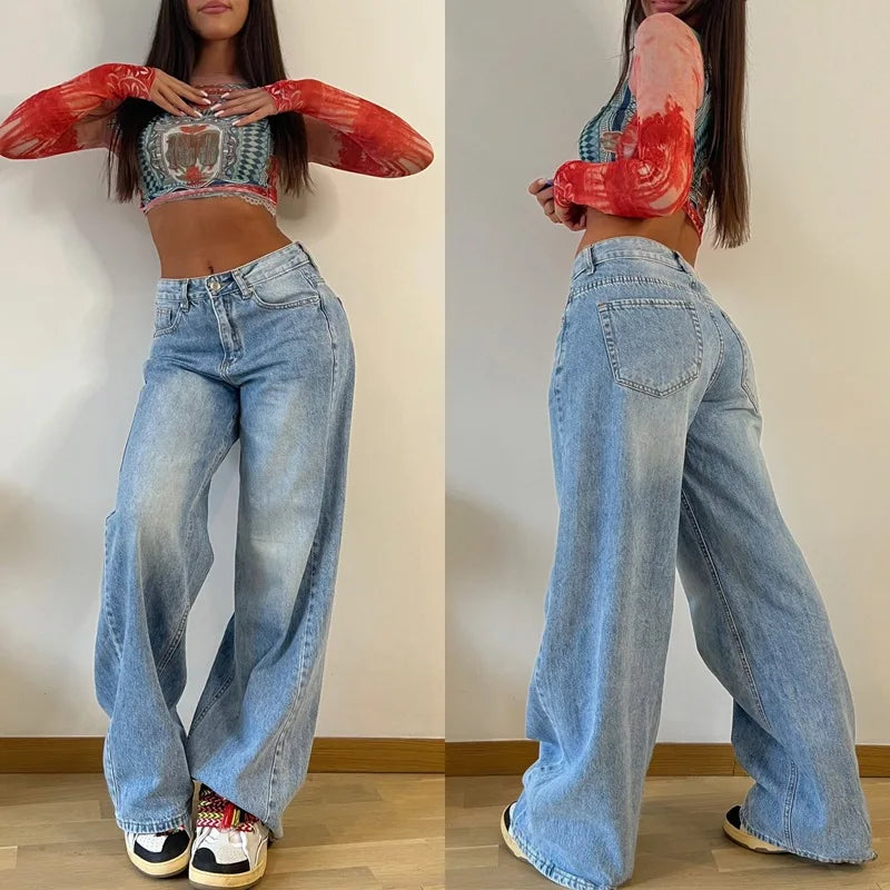 Retro Women'S Boot Cut Baggy Pants High Waist Denim Jeans With Loose Wide Leg Striped